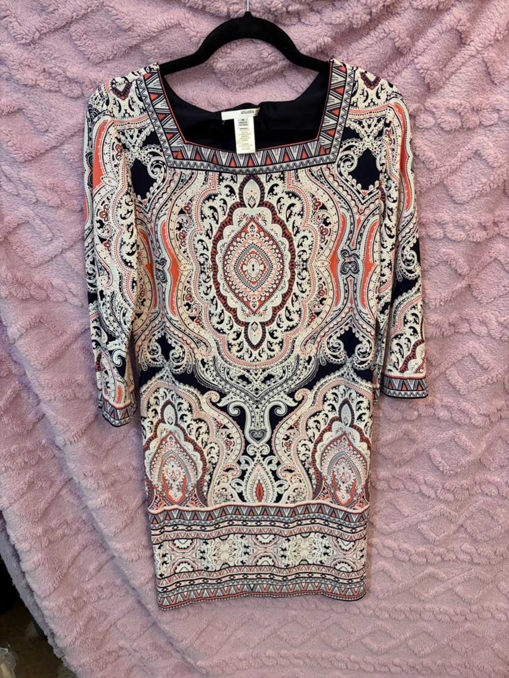 Studio One Paisley Midi Dress in Navy, Coral, and Cream